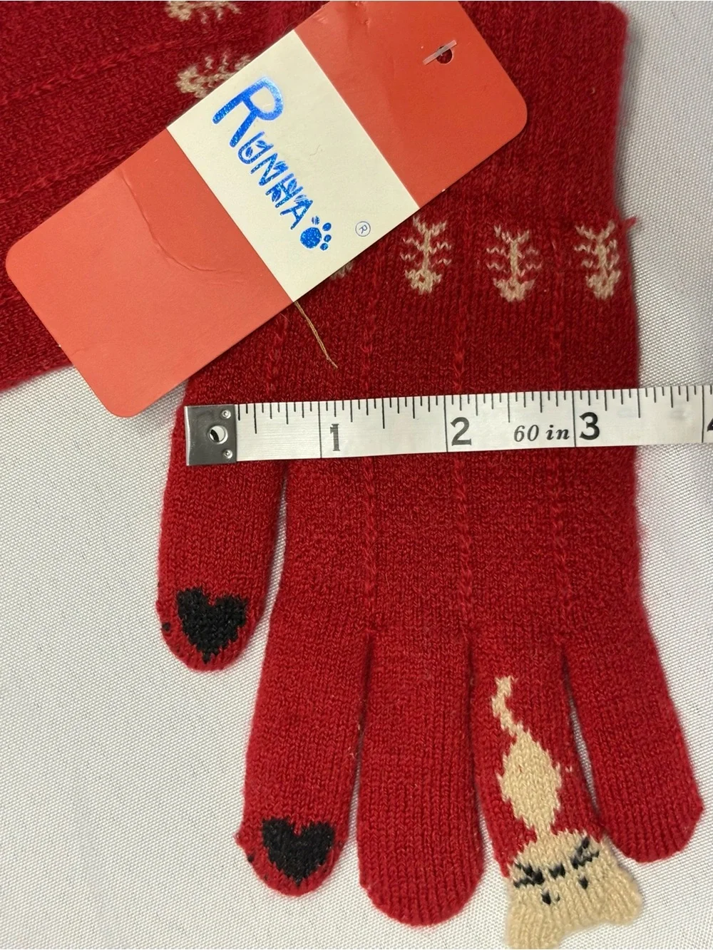 New Red Knit Cat Gloves Contrast Hearts Cozy Winter Cute NWT